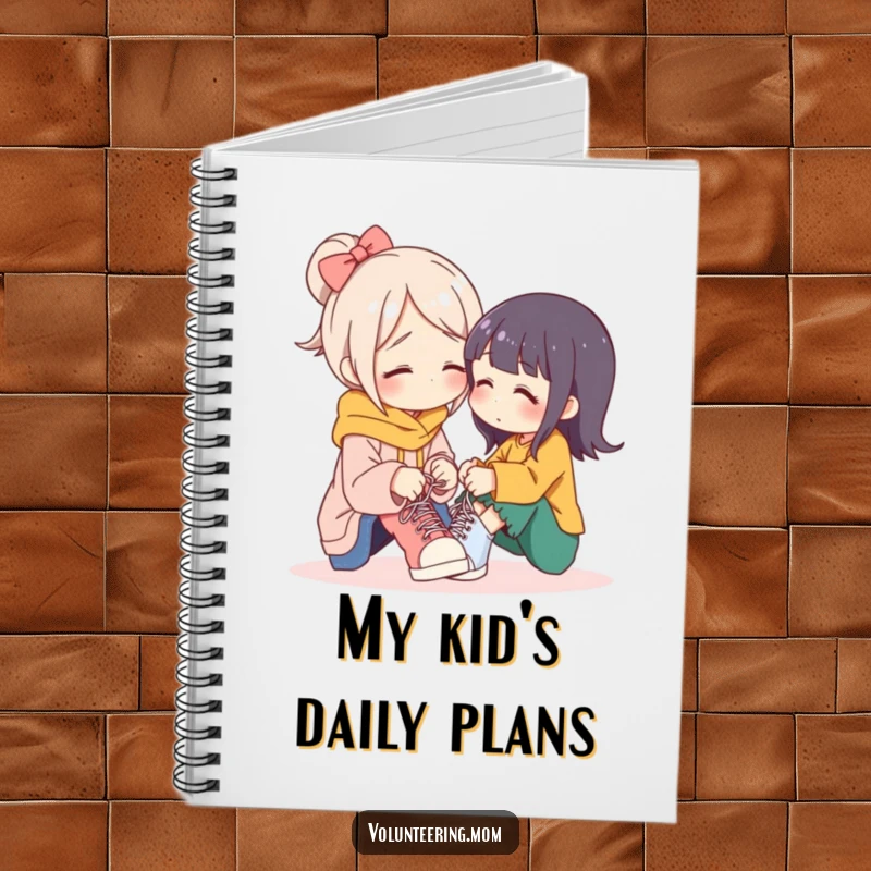 Funny mom notebook, a mother character gently tying shoelaces, inspiring entries about love, care, and family bonding.