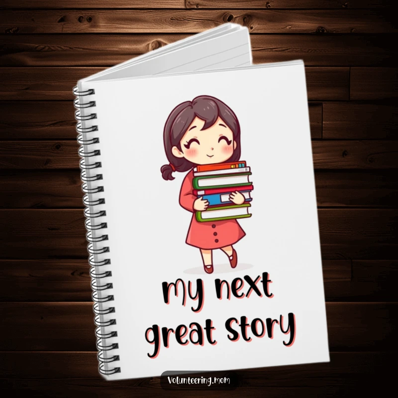 Funny Busy Mom Notebook with a woman carrying a stack of colorful books, ideal for notes and creative writing.