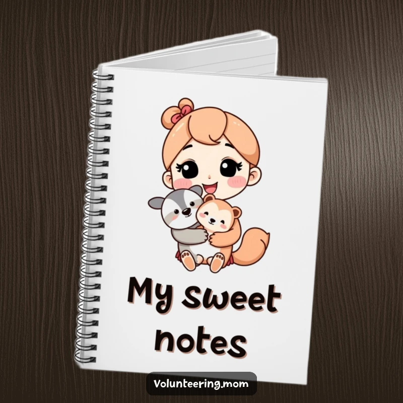 Kawaii mom character with a loving smile holding a cute baby animal, on the cover of a notebook.