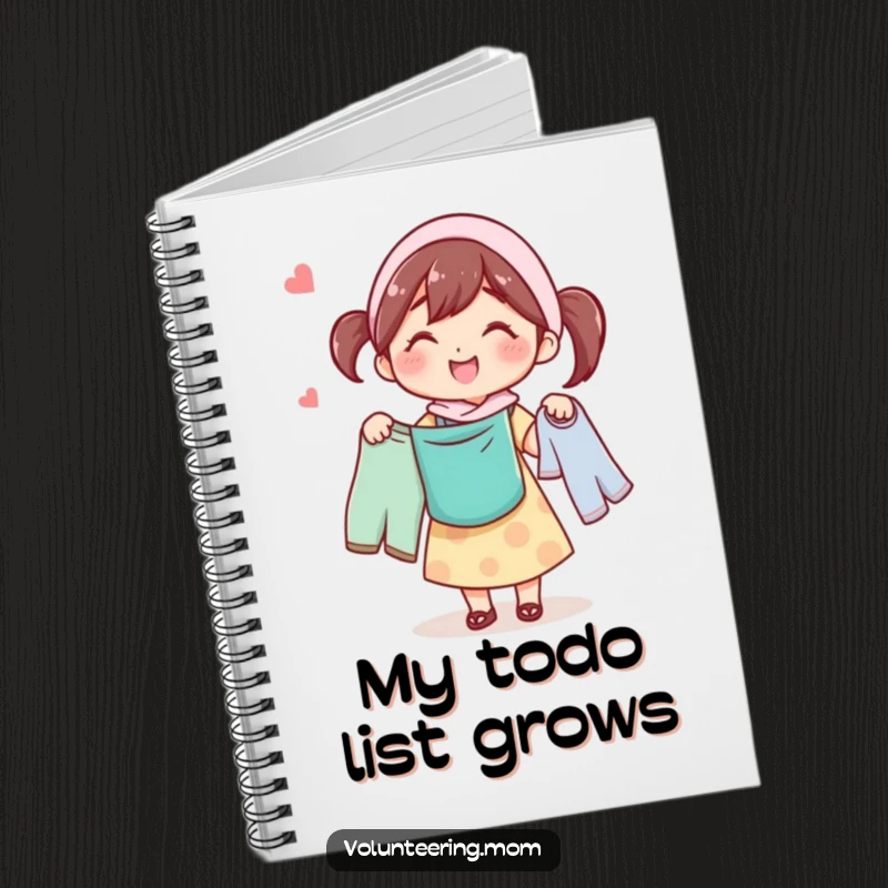 Funny notebook with a smiling mom character carrying laundry, ready to help organize tasks and thoughts.