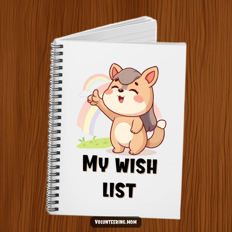 Funny notebook featuring an excited Mom animal character pointing at a distant rainbow, ideal for journaling hopeful thoughts and dreams.