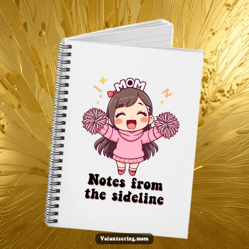 Funny mom notebook, featuring a cheerful mom with pom-poms, ideal for notes and planning.