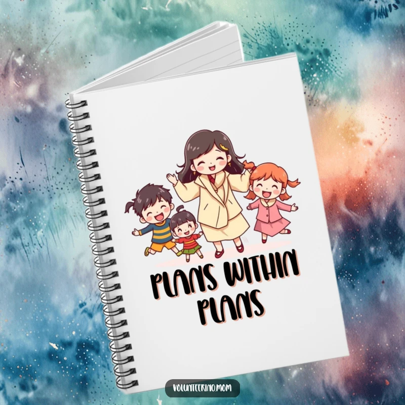 Funny mom notebook featuring a cheerful character juggling kids, perfect for journaling with a humorous tribute to multitasking moms, a funny gift.