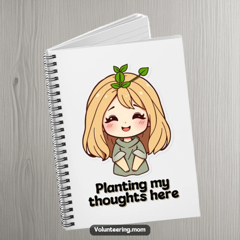 Funny Mom Notebook with a smiling woman and a sprout growing from her hair, perfect for notes and ideas.