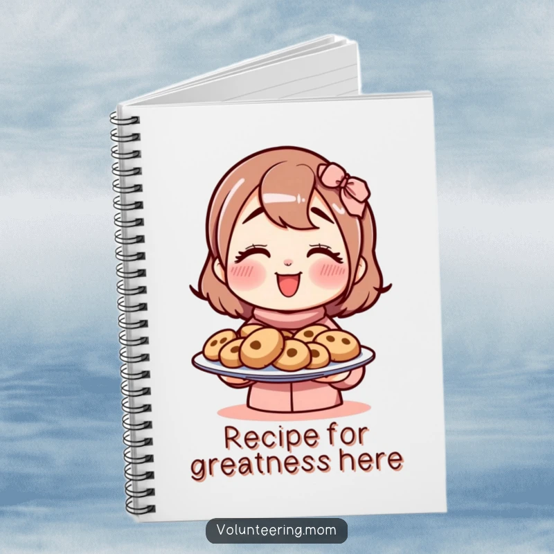 Funny mom notebook featuring a delightful character illustration of a mom offering a plate of inviting cookies.
