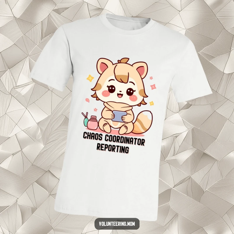 Funny t-shirt showcasing a cute Kawaii mom animal character joyfully performing many tasks at once, looking happy.
