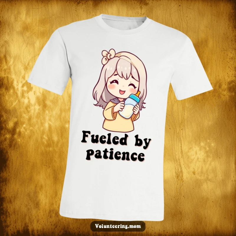 Funny mom t-shirt featuring a smiling character offering a baby bottle, highlighting the sweet yet demanding nature of motherhood.