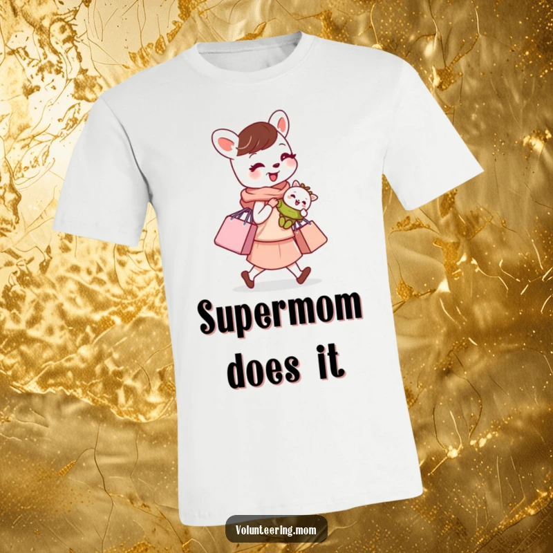 Funny t-shirt with a busy mom animal character carrying a baby and a shopping bag, a symbol of multitasking.
