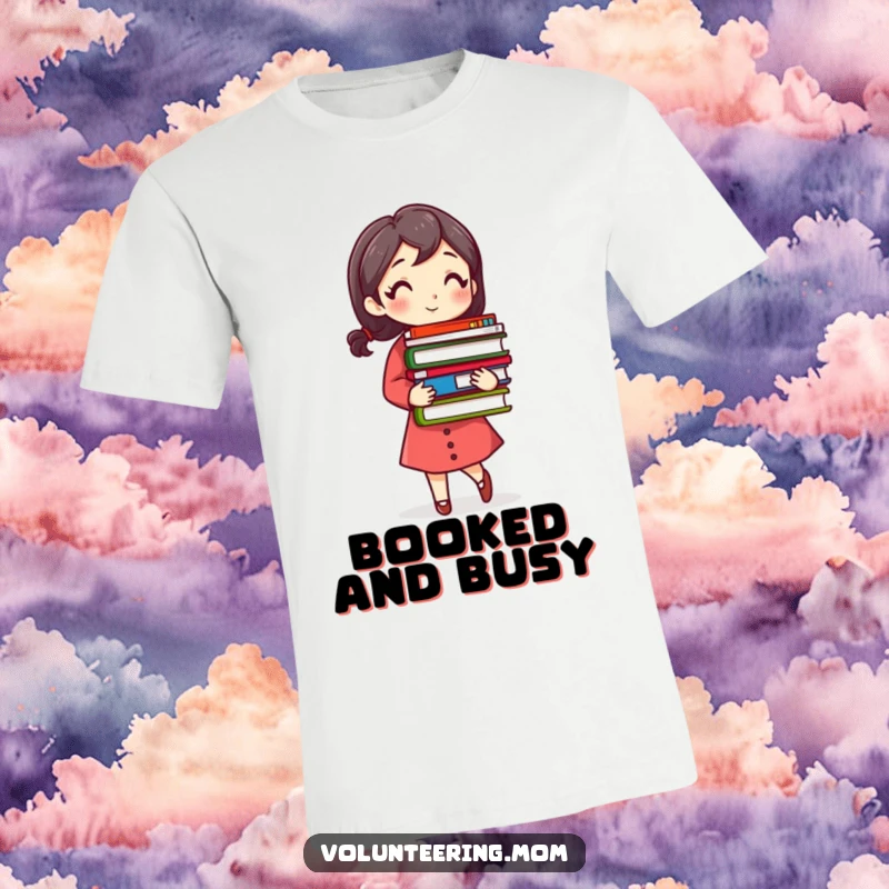 Funny Busy Mom T-Shirt featuring a woman carrying a stack of colorful books, representing her love for reading.