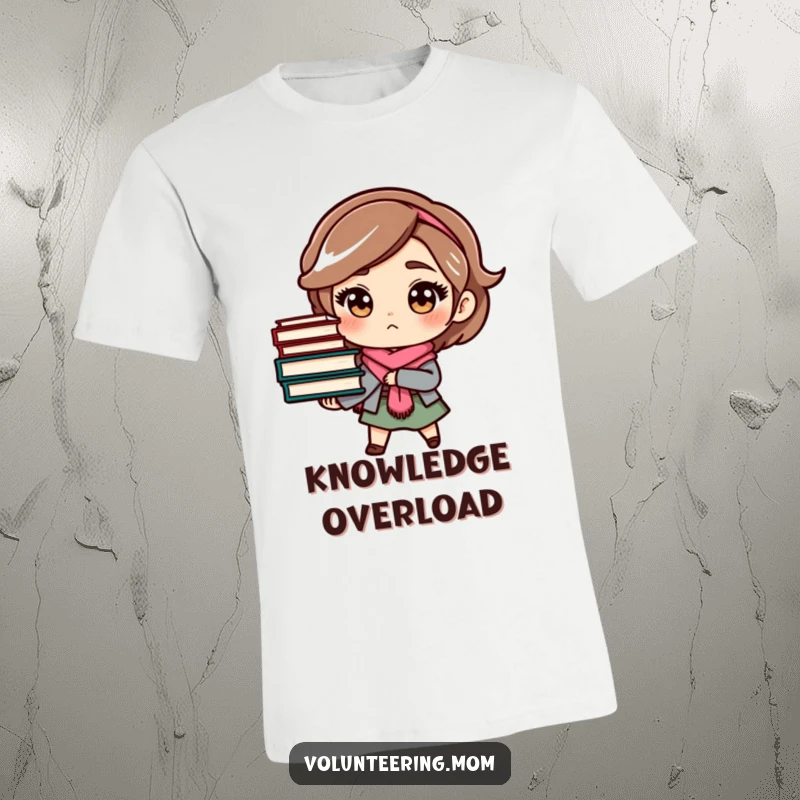 Funny mom t-shirt featuring a determined character carrying a large stack of books, representing a love for reading.