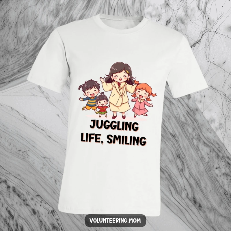 Funny mom t-shirt with a cheerful character juggling kids, celebrating her multitasking prowess, a fantastic funny gift for any mom.