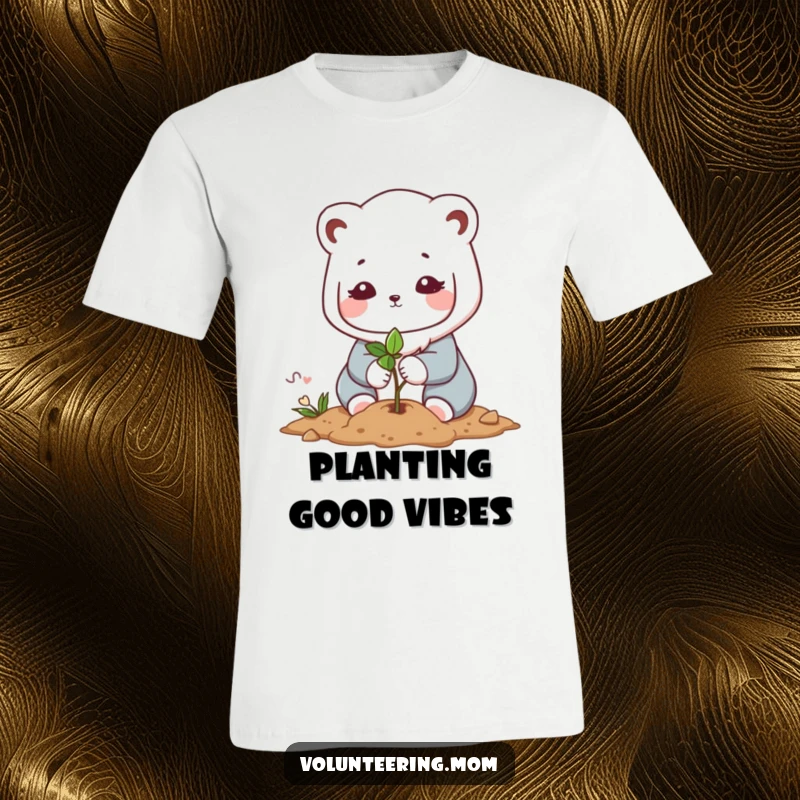 Funny Kawaii mom animal character t-shirt, depicted planting a tiny sapling with a gentle and caring expression, promoting eco-friendliness.