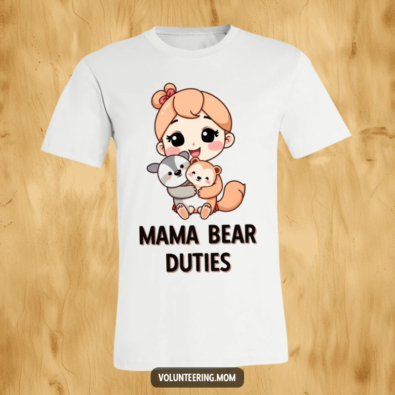 Kawaii mom character with a loving smile holding a cute baby animal, printed on a t-shirt.