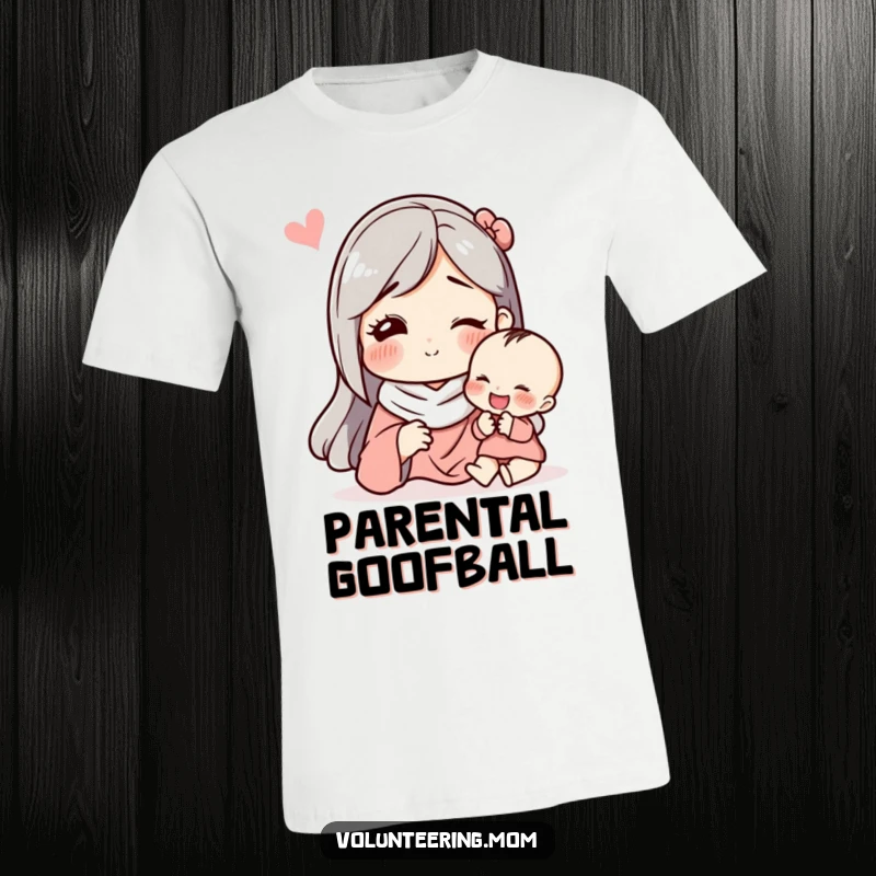 Funny t-shirt showing a mom character making a hilarious funny face to make her child laugh with delight.