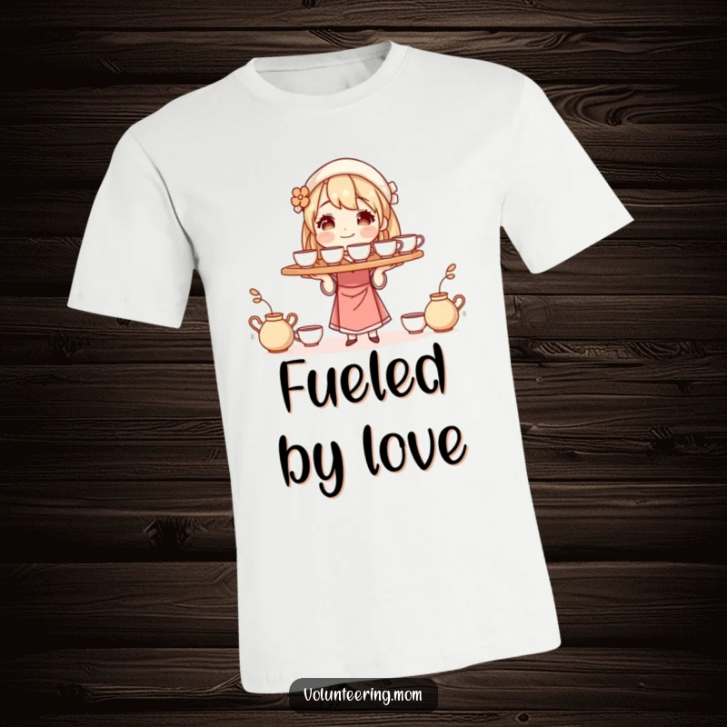 Funny t-shirt with a mom character balancing a tray of steaming cups, perfect for coffee-loving moms and busy parents.