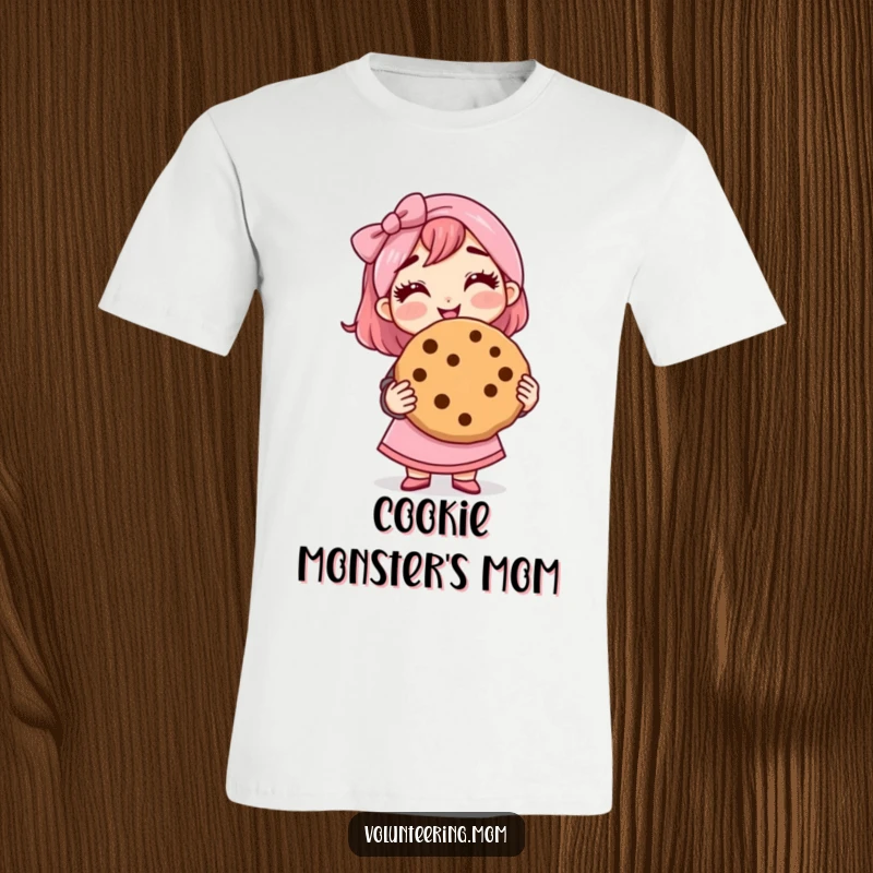 Funny mom t-shirt featuring a smiling mom holding a giant cookie, celebrating sweet achievements.