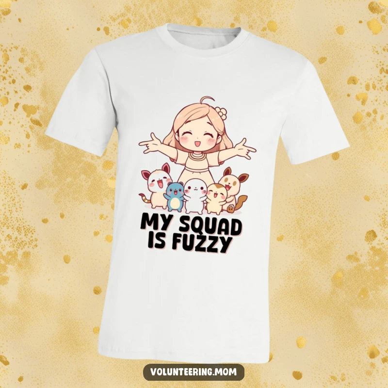 Funny t-shirt: Mom open-armed welcoming cute creatures, showing a funny, loving, and inclusive nature, great gift.