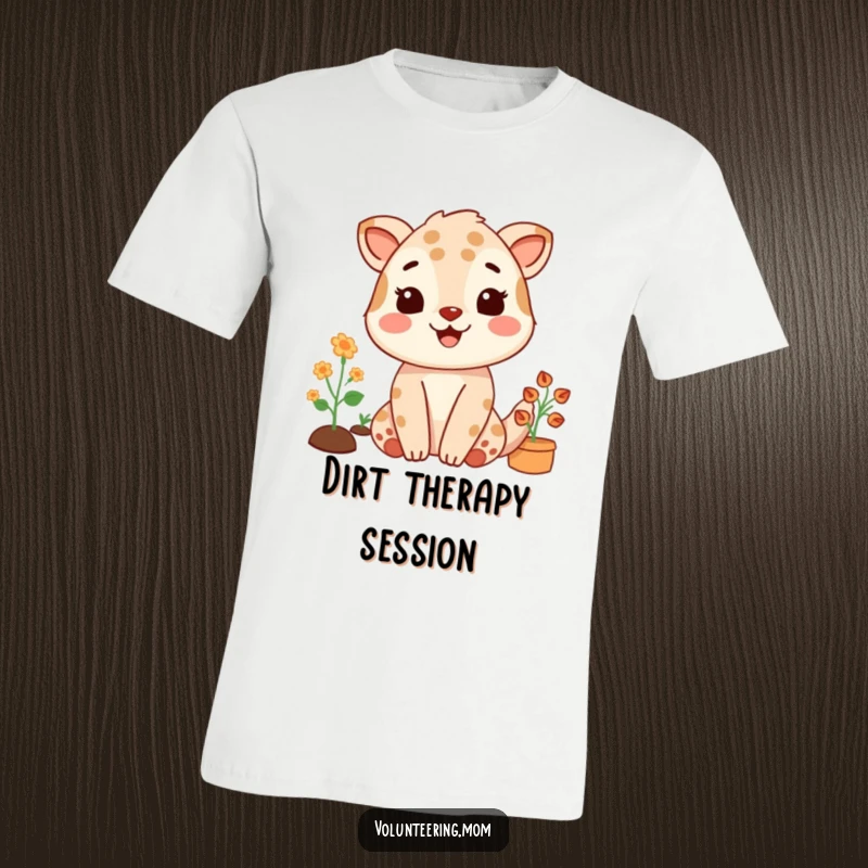 Funny t-shirt with a mom animal character gardening with a wide, satisfied smile, embodying horticultural bliss.