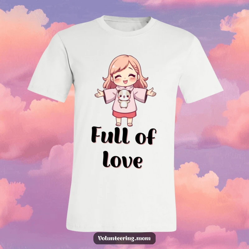 Funny mom character with arms outstretched hugging a small animal, cute embrace t-shirt, humorous motherly love, gift.
