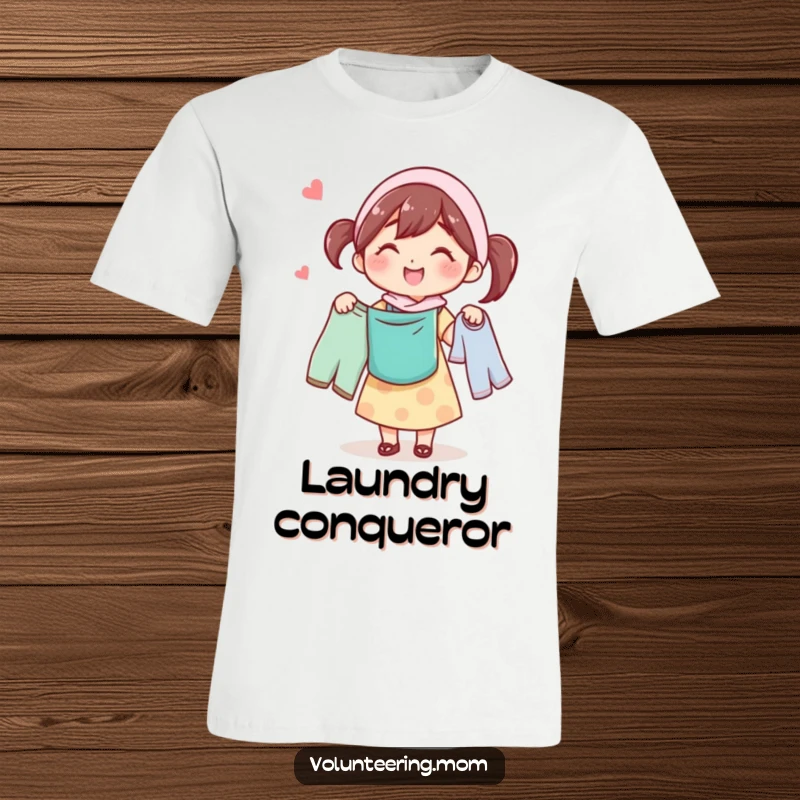 Funny t-shirt showing a cheerful mom character in motion, carrying laundry with a happy hum, looking efficient.