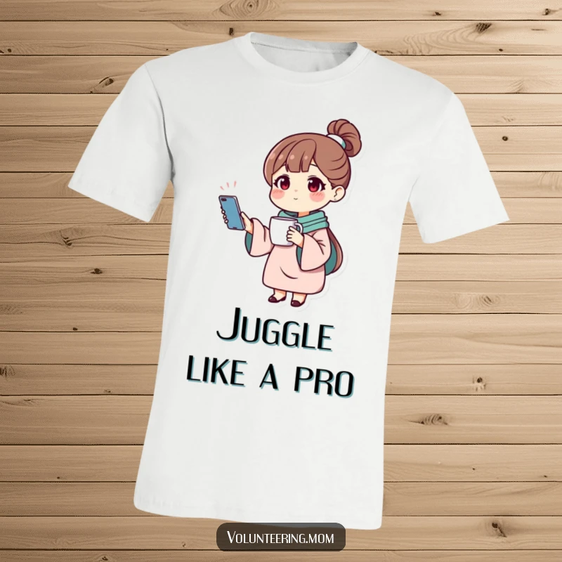 Funny t-shirt showing a mom character expertly balancing a smartphone and a coffee mug, symbolizing multitasking.