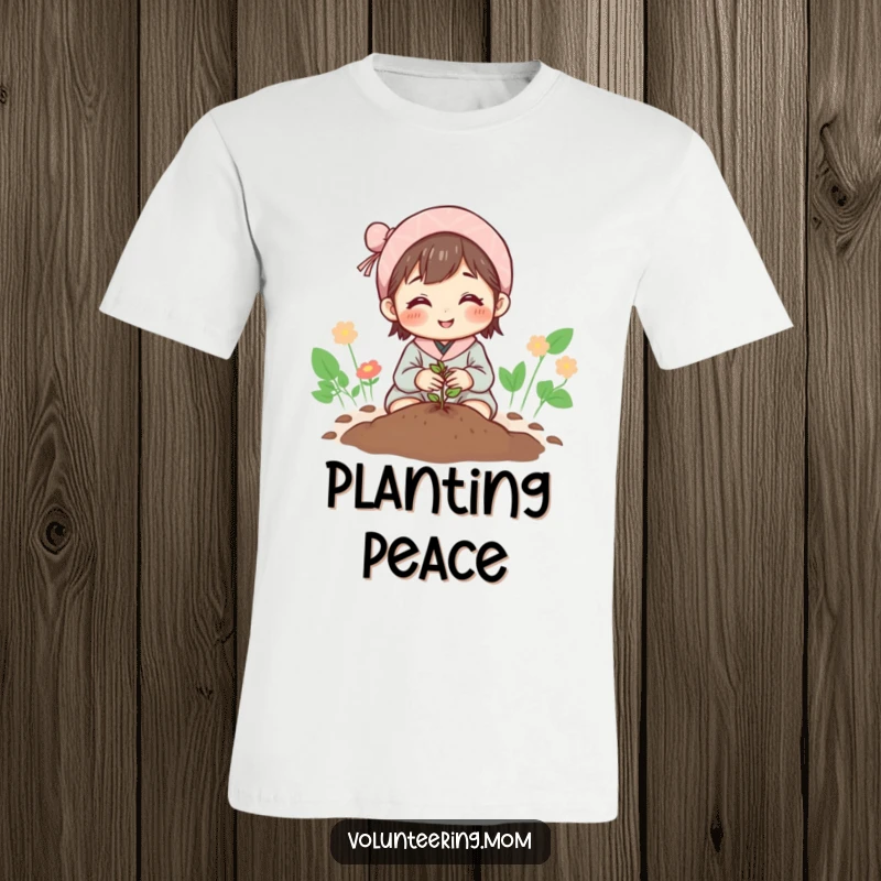 Funny Mom T-Shirt: Hopeful mom planting a tiny seed, conveying growth and gentle care with a smile.