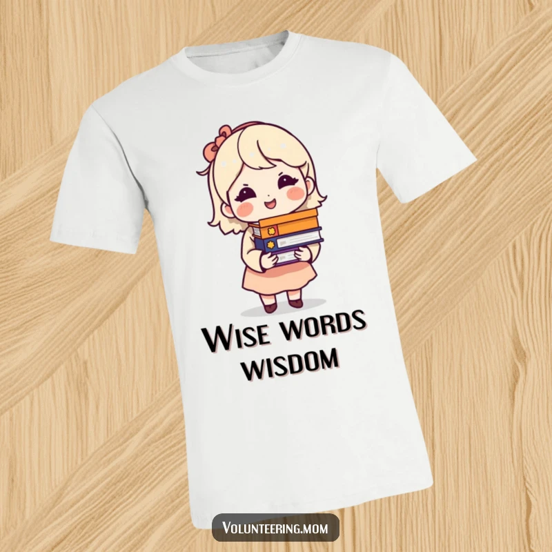 Funny t-shirt featuring a mom character with a knowing smile holding a large stack of books, a true bibliophile.