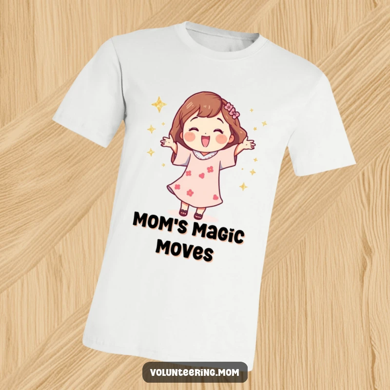 Funny t-shirt featuring a mom character joyfully dancing surrounded by sparkling glittery stars, full of life.