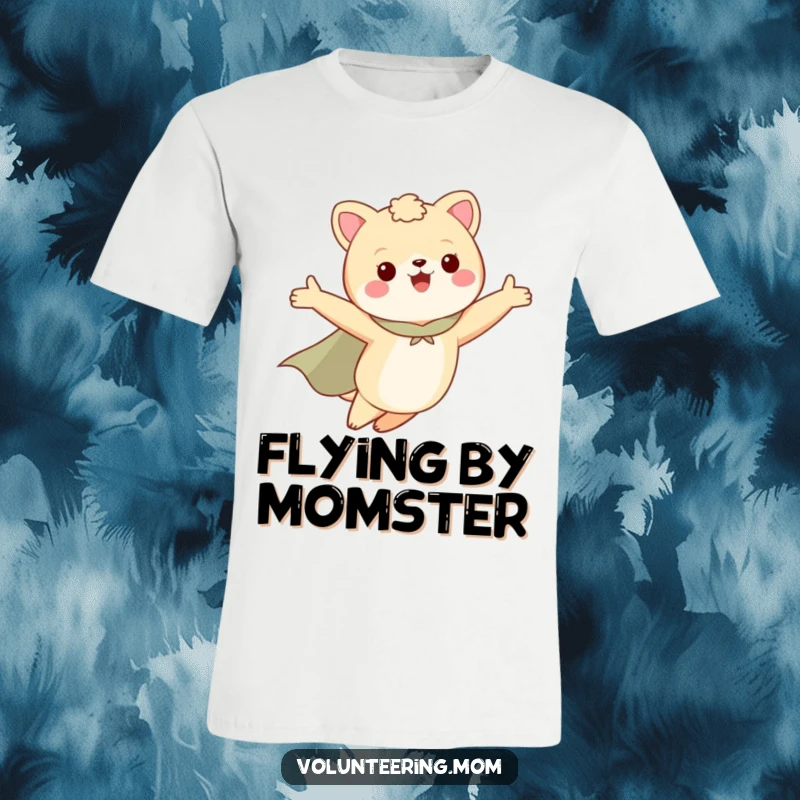 Funny t-shirt with a mom animal character wearing a cape, flying with arms outstretched, a symbol of maternal power.