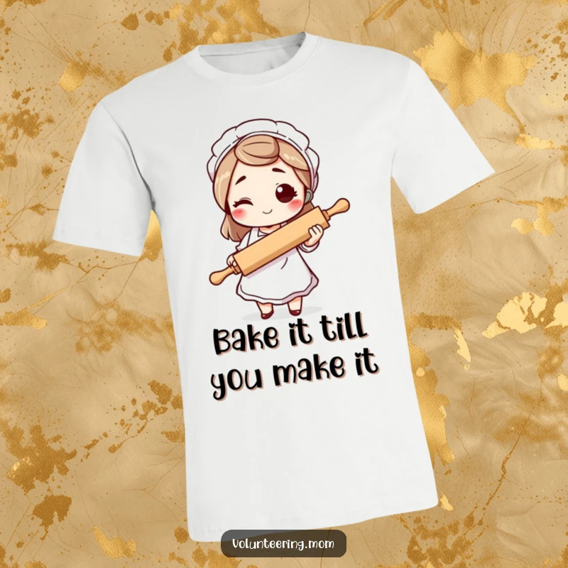 Funny mom t-shirt, a winking mom character in an apron holding a rolling pin, exuding confidence and baking prowess.