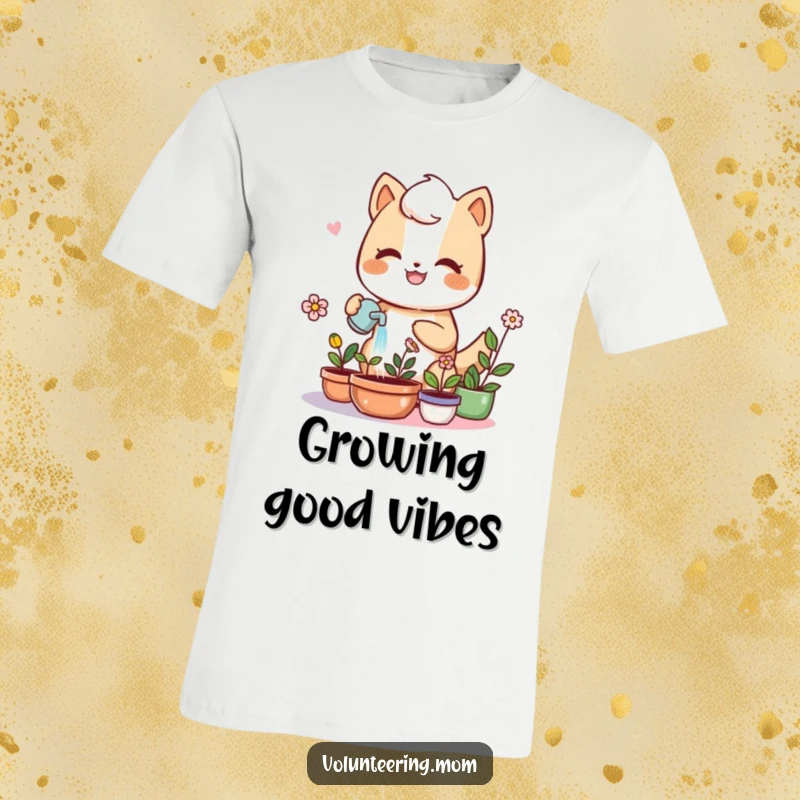 Kawaii mom anthropomorphic animal watering plants, cute gardening t-shirt, humorous nature theme, gift idea.