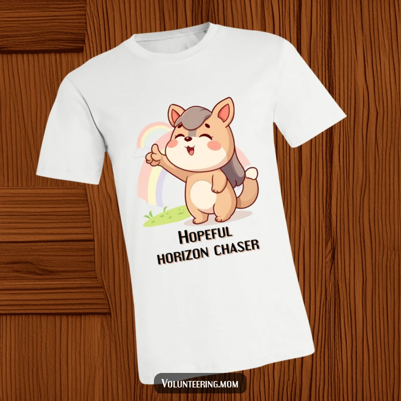 Funny T-shirt featuring an enthusiastic Mom animal character pointing excitedly at a distant rainbow, symbolizing dreams and possibilities.