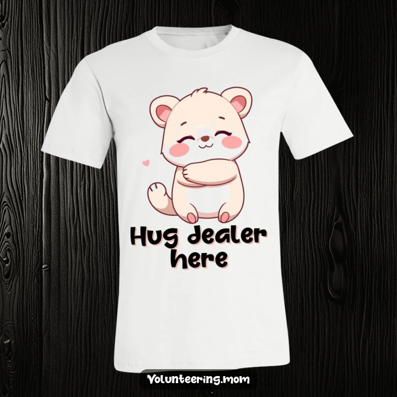 Funny Kawaii animal mom t-shirt featuring a character giving a big, warm hug, symbolizing love and comfort.