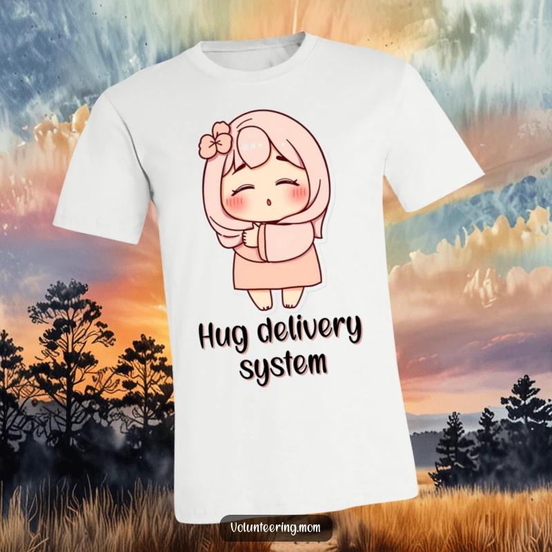 Funny Mom Hug T-Shirt: A delightful depiction of a mom character with eyes closed, offering a tender embrace, ideal for a funny present.