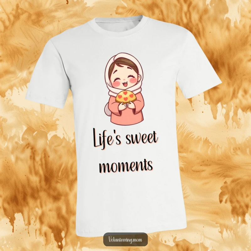 Funny T-Shirt: A mom character giving a warm hug while offering a piece of a delicious-looking pastry.