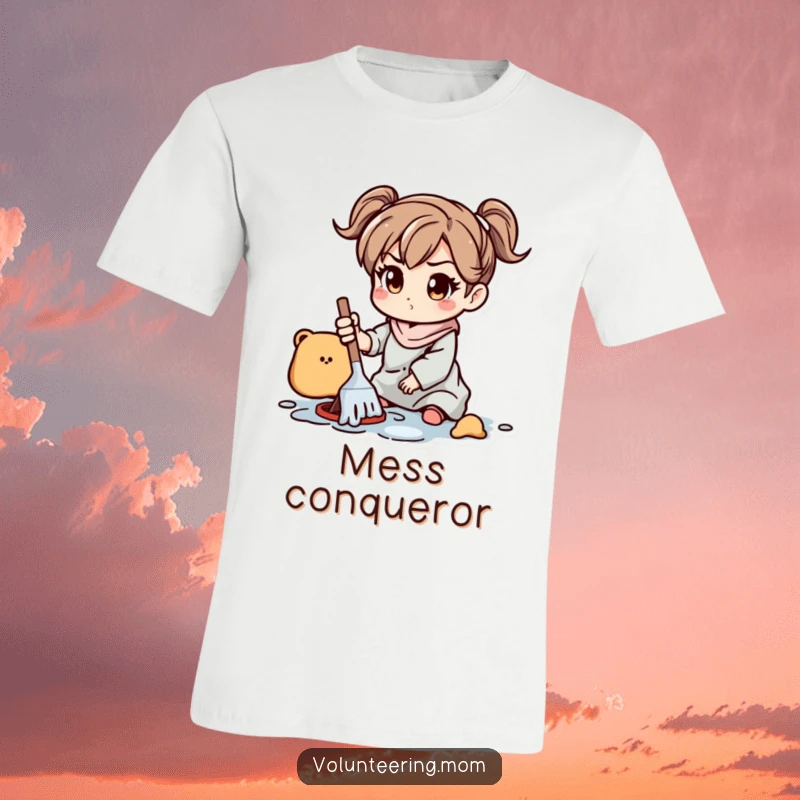 Funny T-Shirt: A mom character with a focused, determined look efficiently cleaning a scattered, playful mess.