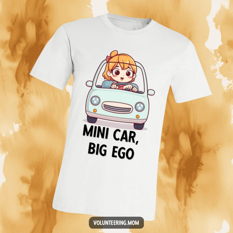 Funny t-shirt with a determined mom expertly driving a miniature car, conveying skill and humor.