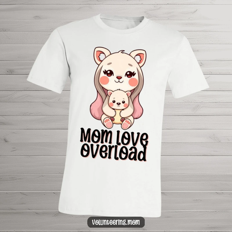 Funny Kawaii animal mom t-shirt illustration of a sweet mom holding her baby, perfect for Mother's Day.