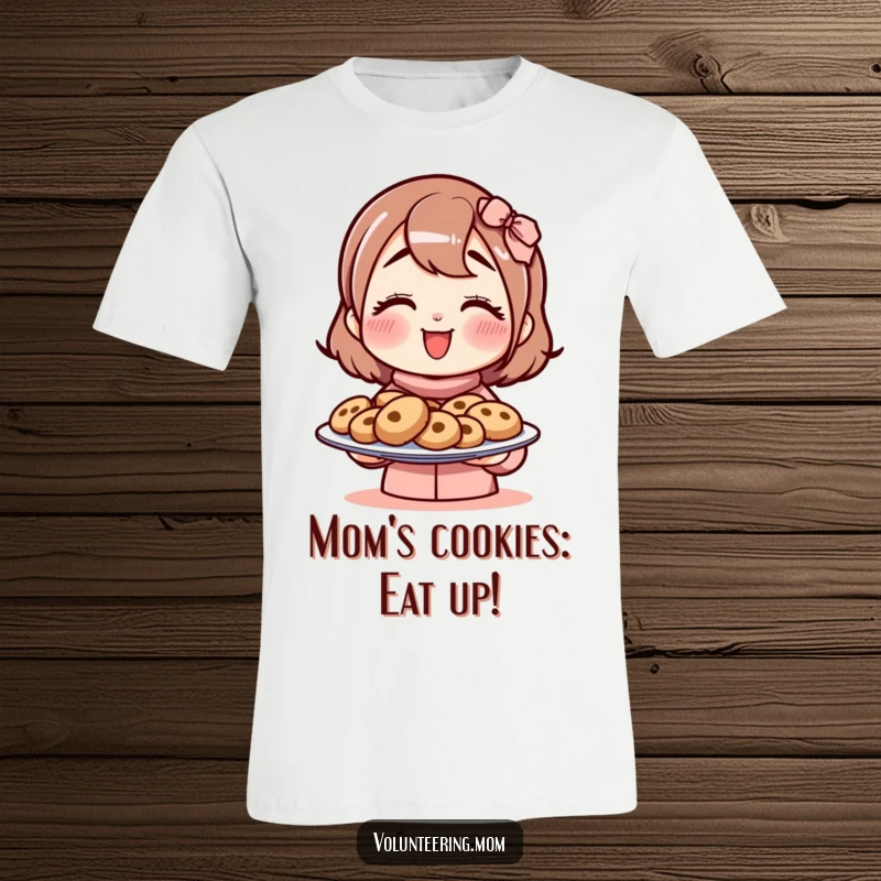Funny mom t-shirt featuring a cheerful mom character holding out a plate piled high with delicious cookies.