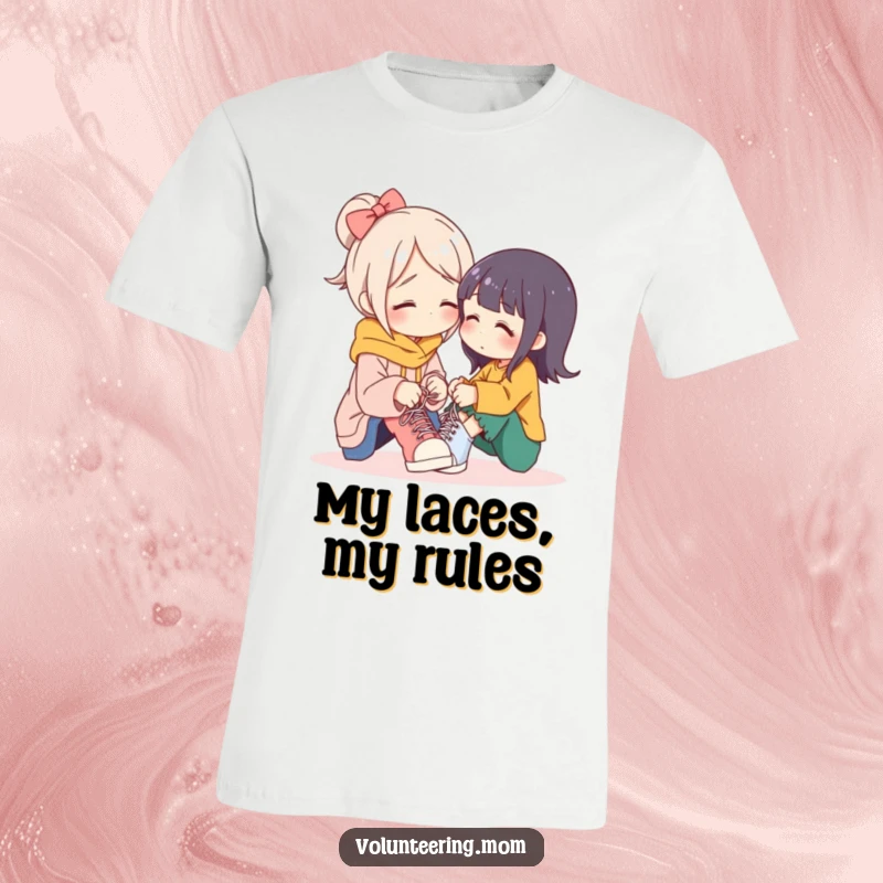 Funny mom t-shirt, a mother figure carefully tying shoelaces for a child, illustrating patience and nurturing love.