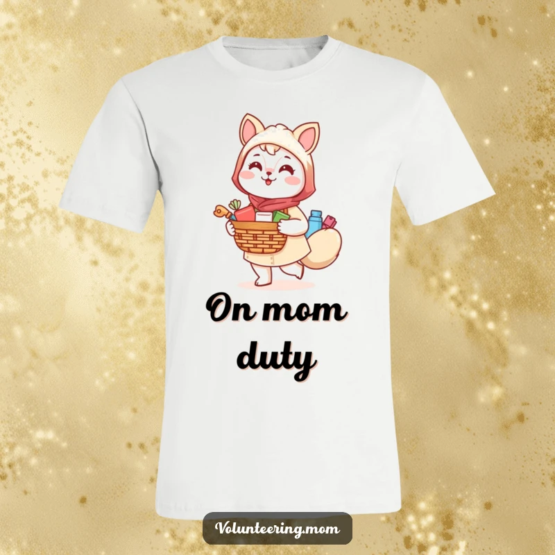Funny Kawaii Mom Animal T-Shirt, a cheerful character happily carrying a basket full of essential supplies.