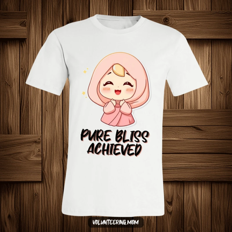 Funny Happy Mom T-Shirt featuring a woman sighing contentedly, surrounded by a soft light, symbolizing peace.