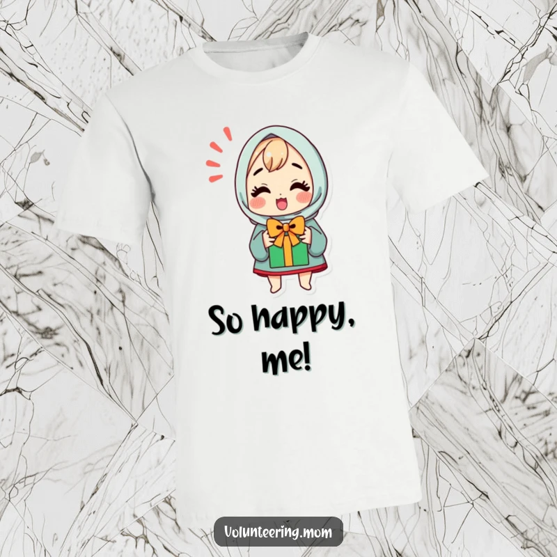 Funny t-shirt with a kawaii mom character expressing extreme excitement and joy upon receiving a gift.