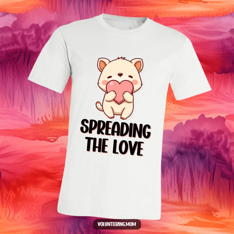 Funny Hug T-Shirt with a cute animal character offering a gentle embrace around a large heart symbol, spreading love.