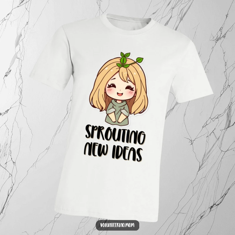 Funny Mom T-Shirt featuring a smiling woman with a sprout growing from her hair, a symbol of nurturing and growth.