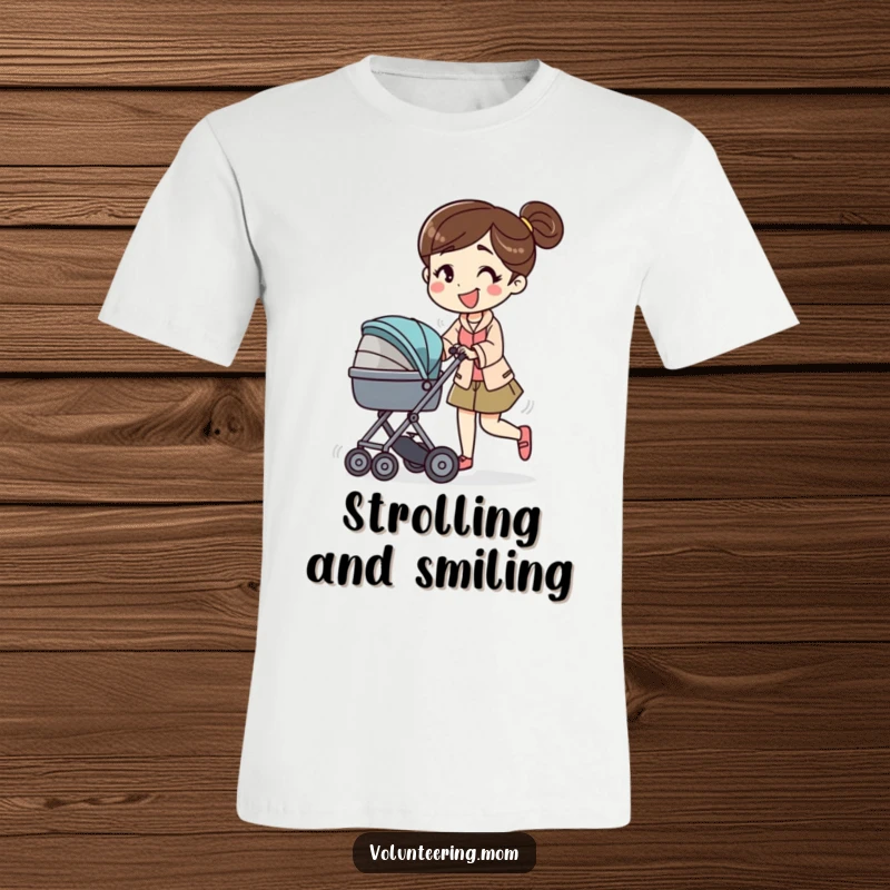 Funny t-shirt with a mom character energetically pushing a baby stroller with a smile, perfect for active moms and parents.