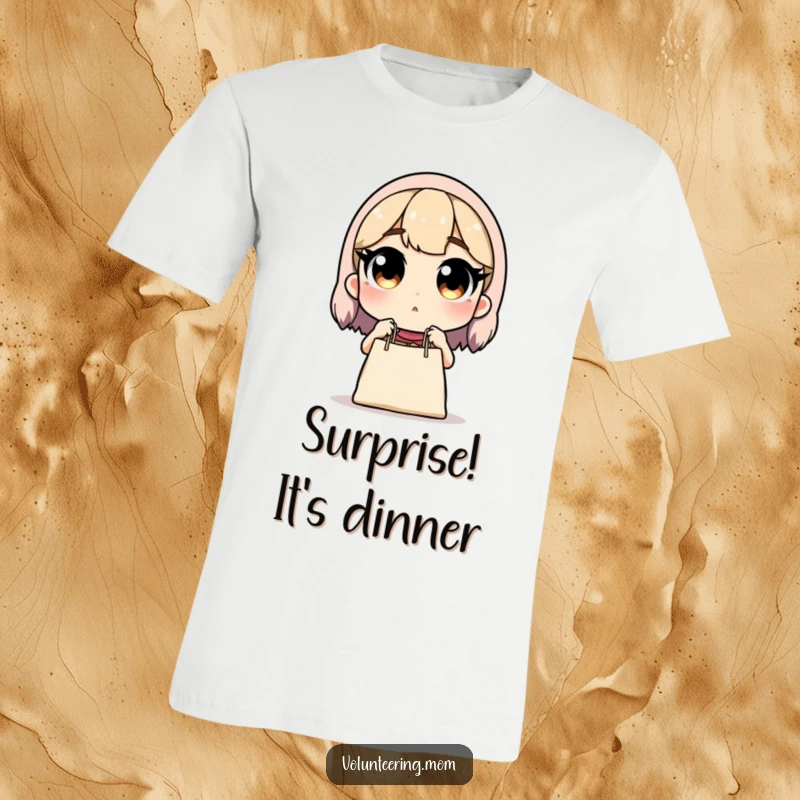 Funny t-shirt: Mom with wide eyes surprised by dropped groceries, capturing a humorous, relatable moment, great gift.