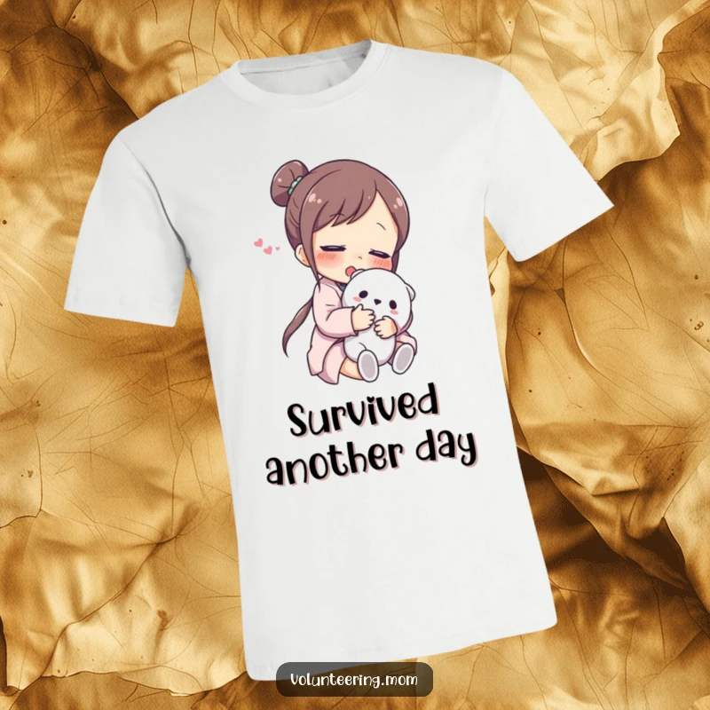 Funny T-Shirt: A smiling mom character tightly hugging a plush toy, embodying sweet relief and maternal comfort.