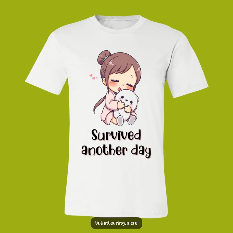 Funny Mom T-Shirt: Relieved mom hugging toy, a comfortable and funny gift for any mother.
