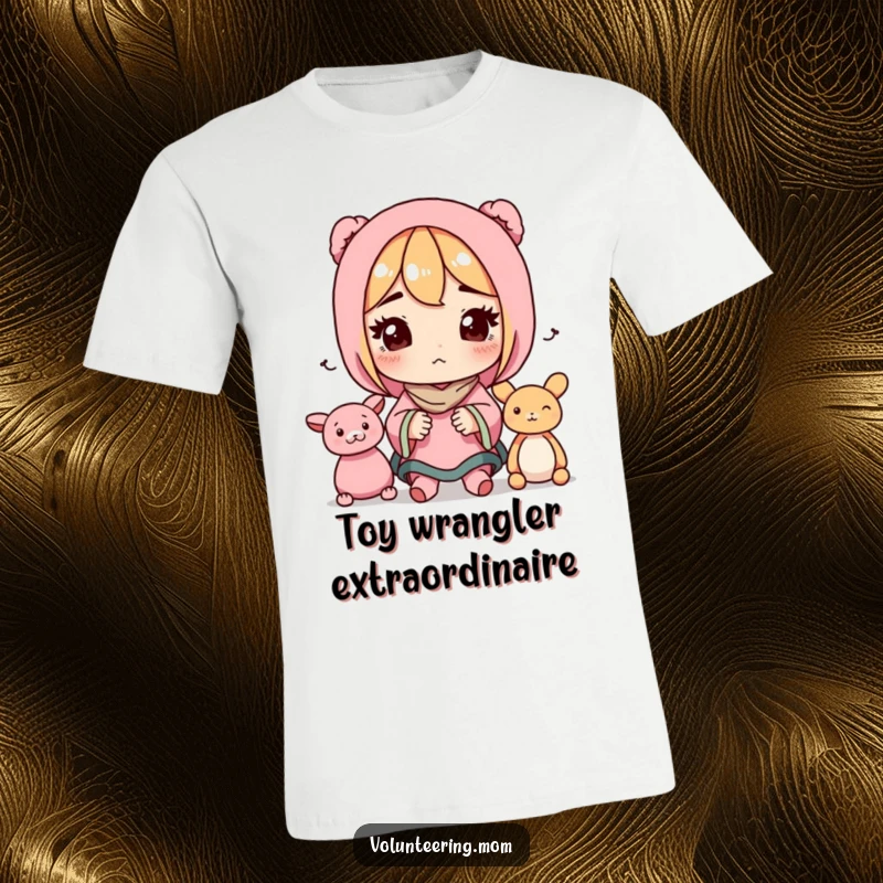Funny t-shirt depicting a mom with a determined expression, meticulously organizing toys with great focus.